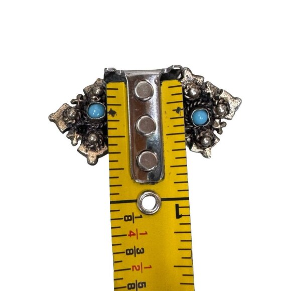 Vtg Silver Filigree Bracelet Turquoise & Clip-On Earrings Set Blue Safety Chain - Picture 6 of 10